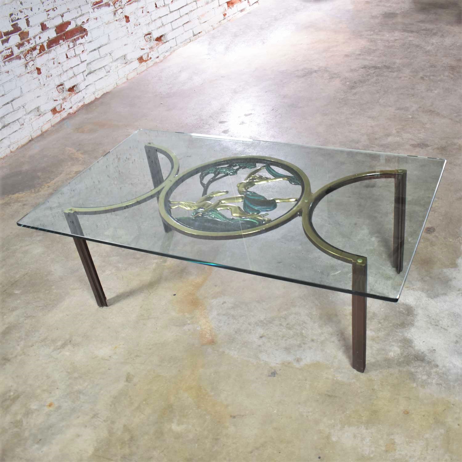 Art Deco Style Bronze Coffee Table with Diana the Huntress Medallion & Glass Top