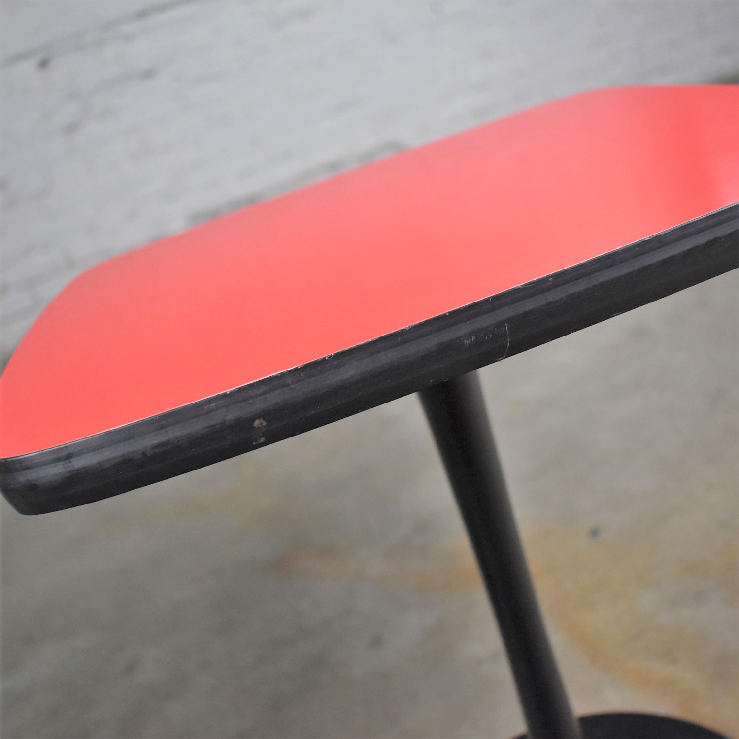 Small Pair of Red Laminate Squircle Pedestal Side Tables Mid Century Modern