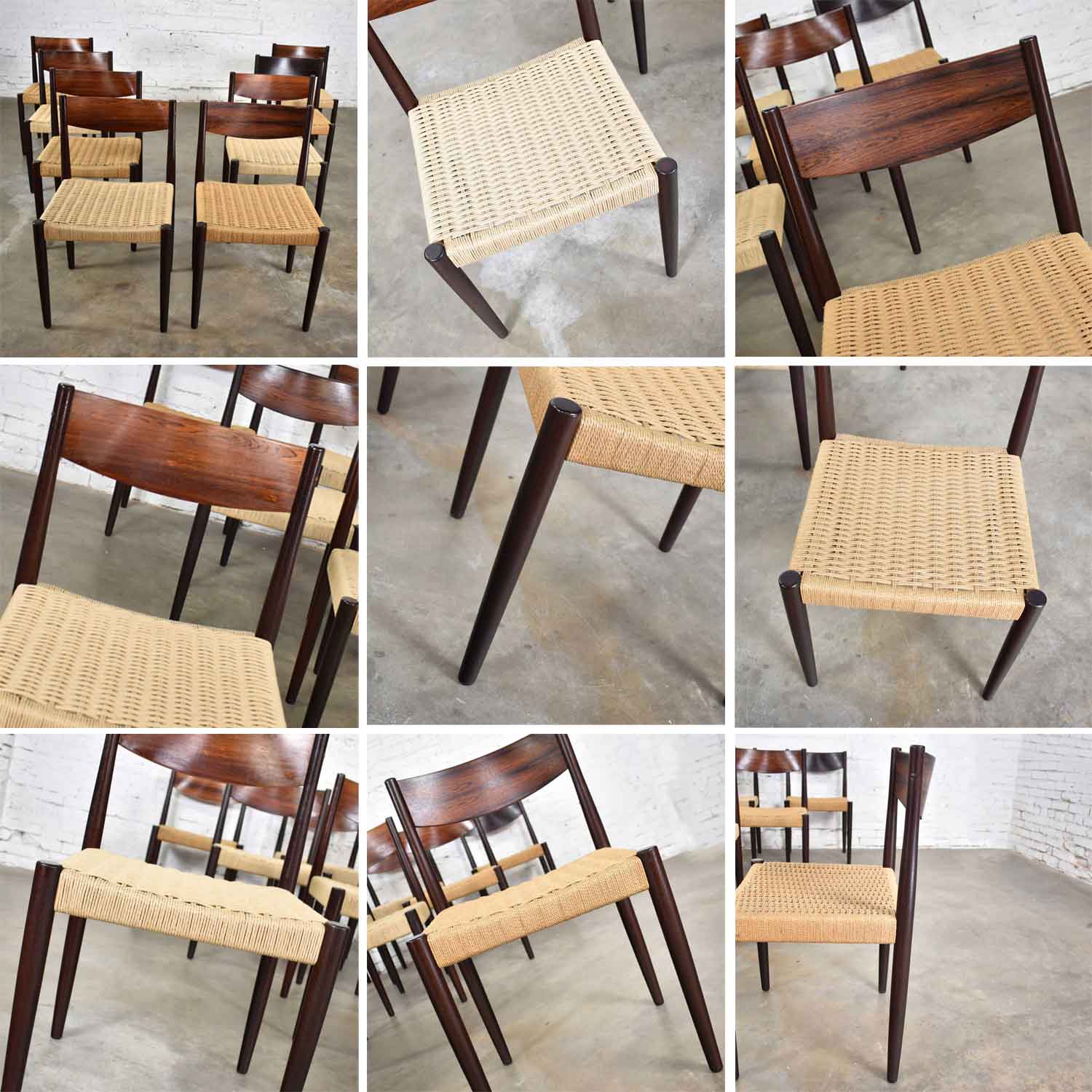 Poul Volther Scandinavian Modern Rosewood & Paper Cord Dining Chairs by Frem Røjle Set 8