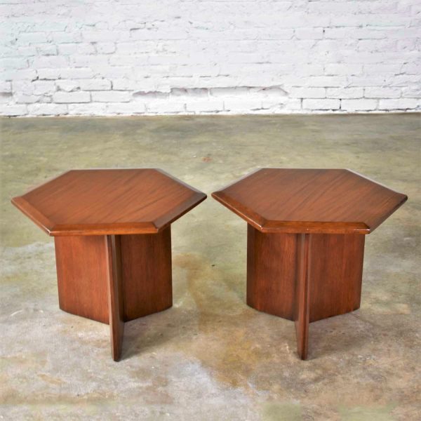 Pair Walnut Stained Hexagon Side Tables Style of Frank Lloyd Wright for Henredon