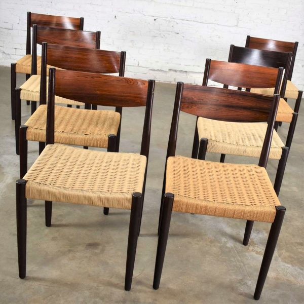 Poul Volther Scandinavian Modern Rosewood & Paper Cord Dining Chairs by Frem Røjle Set 8