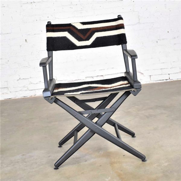 Vintage Needlepoint Director’s Chair Folding Black Brown White Geometric