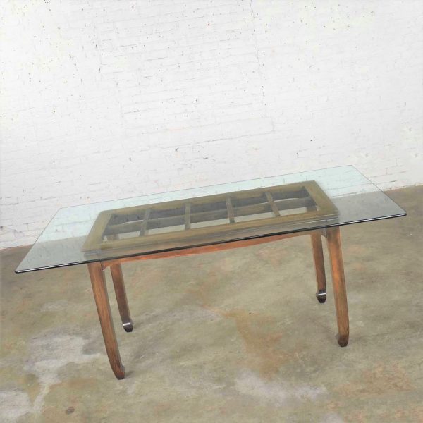 Vintage Chinoiserie Chow Leg Glass Top Dining Table Walnut Color Finish