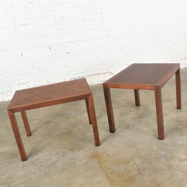 Vintage Modern Lane Parsons Style #1124-5 Walnut End or Side Tables1970 Pair w/ Inlay