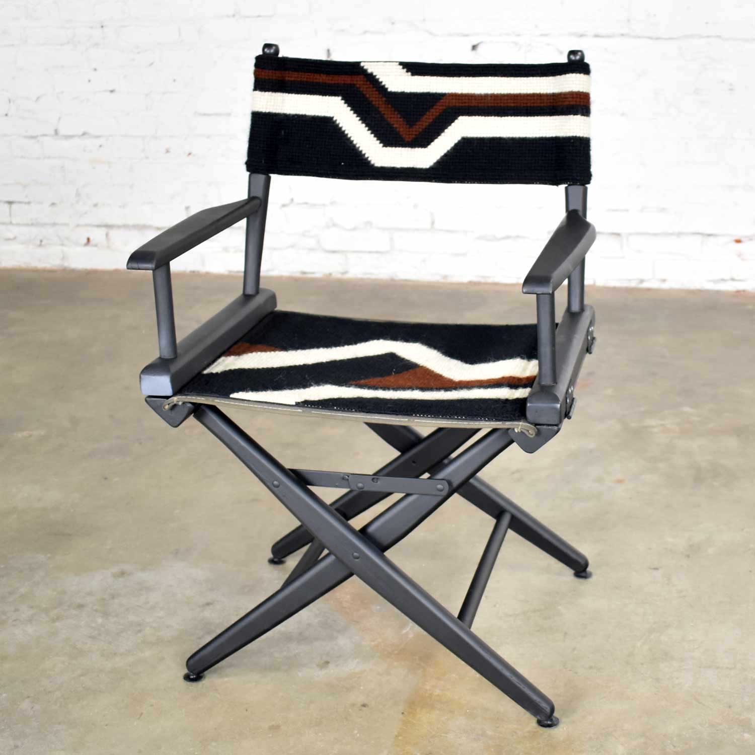 Vintage Needlepoint Director’s Chair Folding Black Brown White Geometric