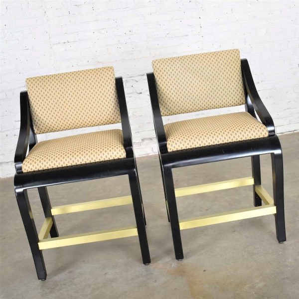 Vintage Modern Black Painted Brass & Upholstered Counter Height Bar Stools, a Pair