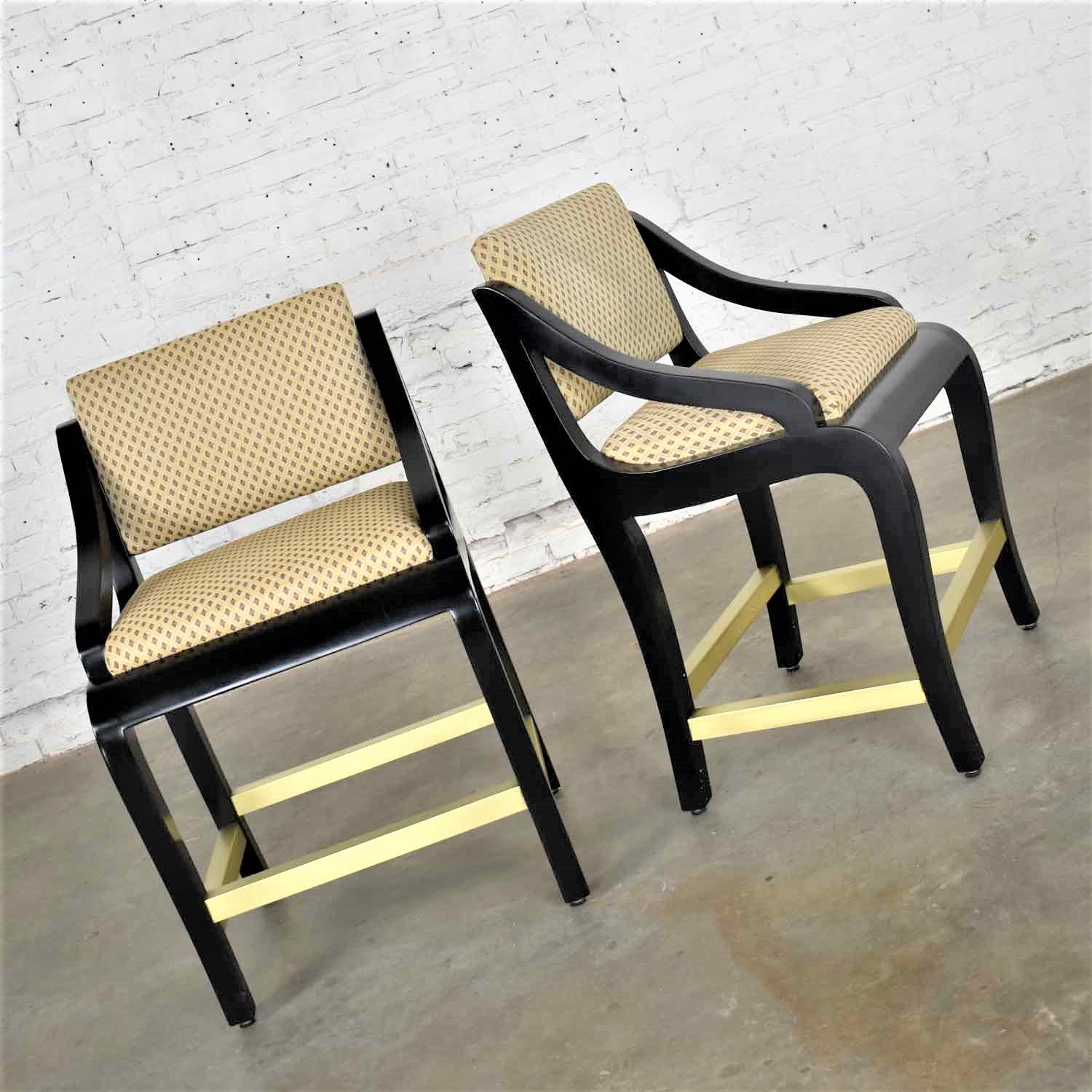 Vintage Modern Black Painted Brass & Upholstered Counter Height Bar Stools, a Pair