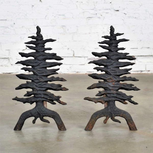 Antique Arts and Craft Pair of Pine Tree Cast Iron Andirons by Martin Industries