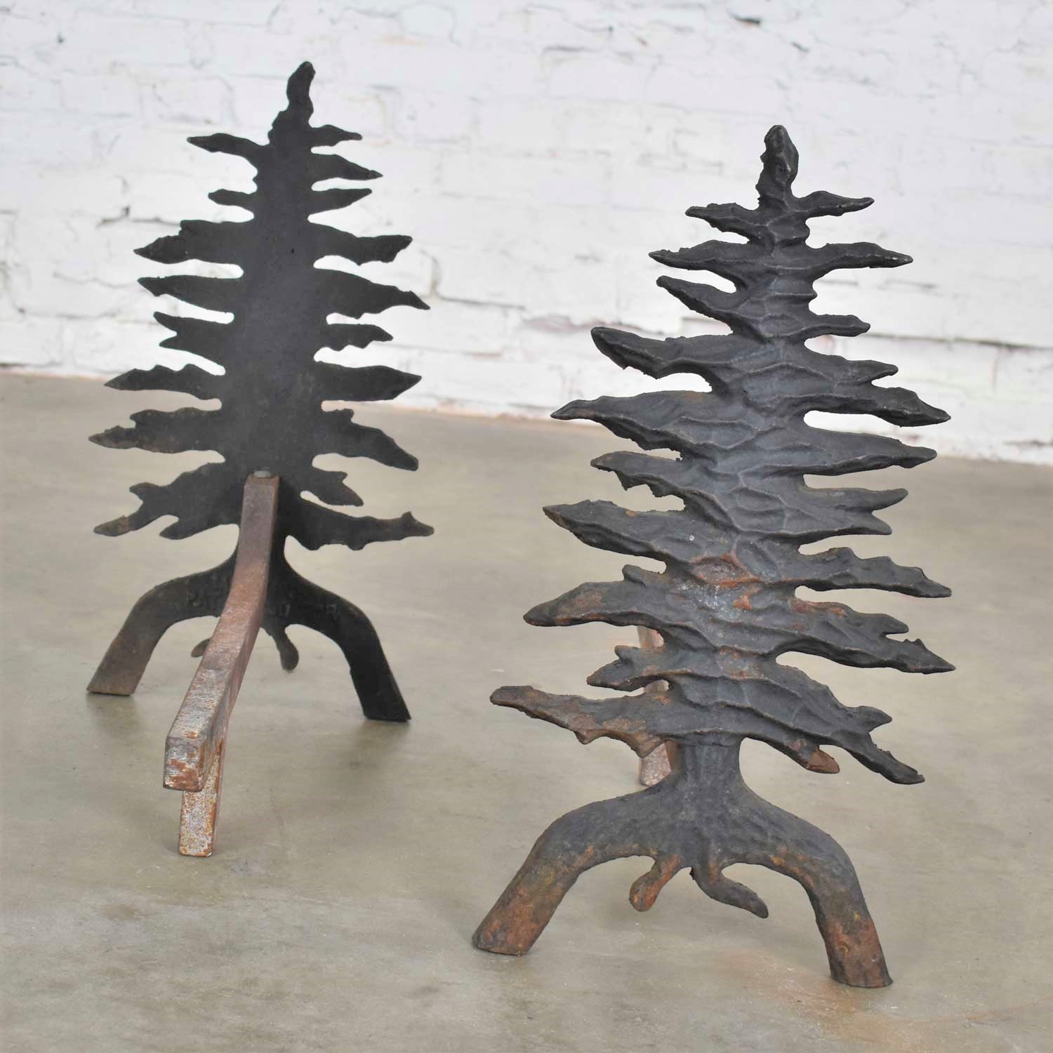 Antique Arts and Craft Pair of Pine Tree Cast Iron Andirons by Martin Industries