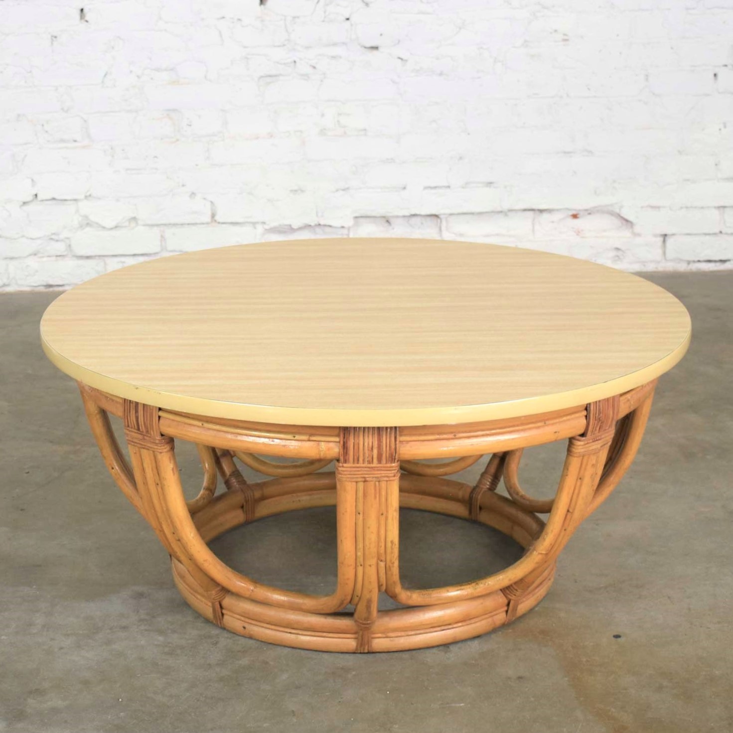 Vintage Round Rattan Drum Shape Coffee or End Table with Laminate Top