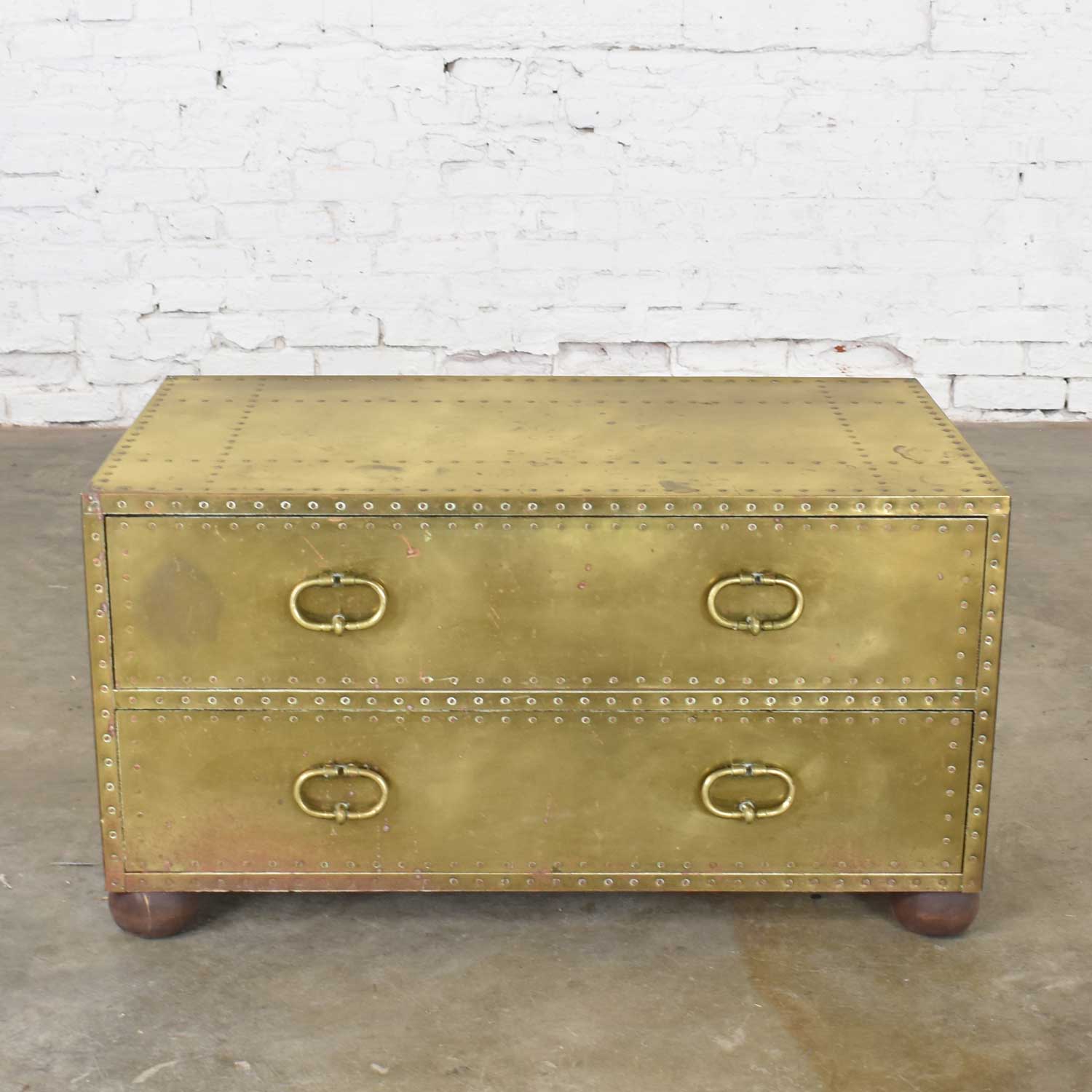 Hollywood Regency Campaign Style Brass Clad Two Drawer Chest by Sarreid Ltd. Spain