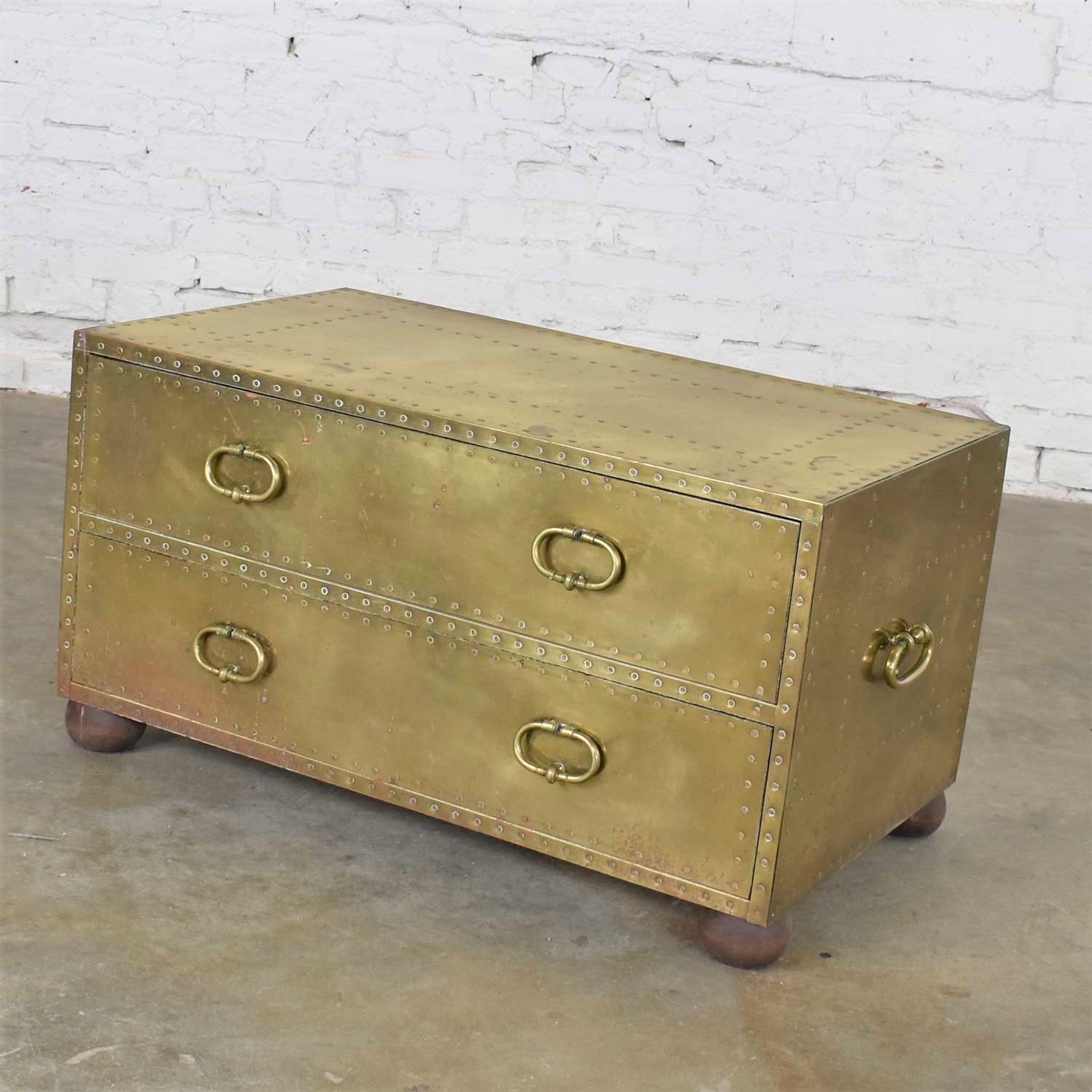 Hollywood Regency Campaign Style Brass Clad Two Drawer Chest by Sarreid Ltd. Spain