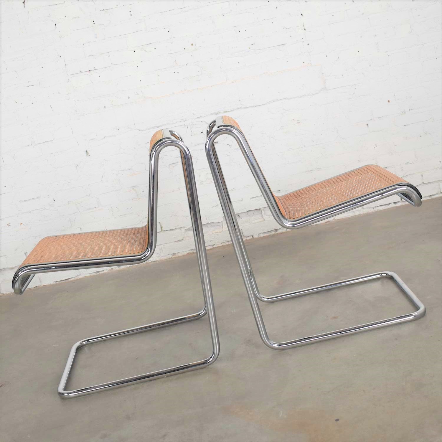 Pair Breuer Bauhaus Style Reverse Cantilever Chairs in Chrome Tube Black Wood & Cane