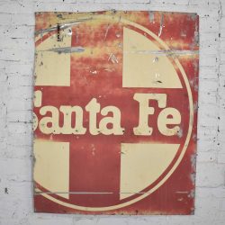Vintage Primitive Rustic Extra-Large Santa Fe Railroad Red & White Painted Metal Sign