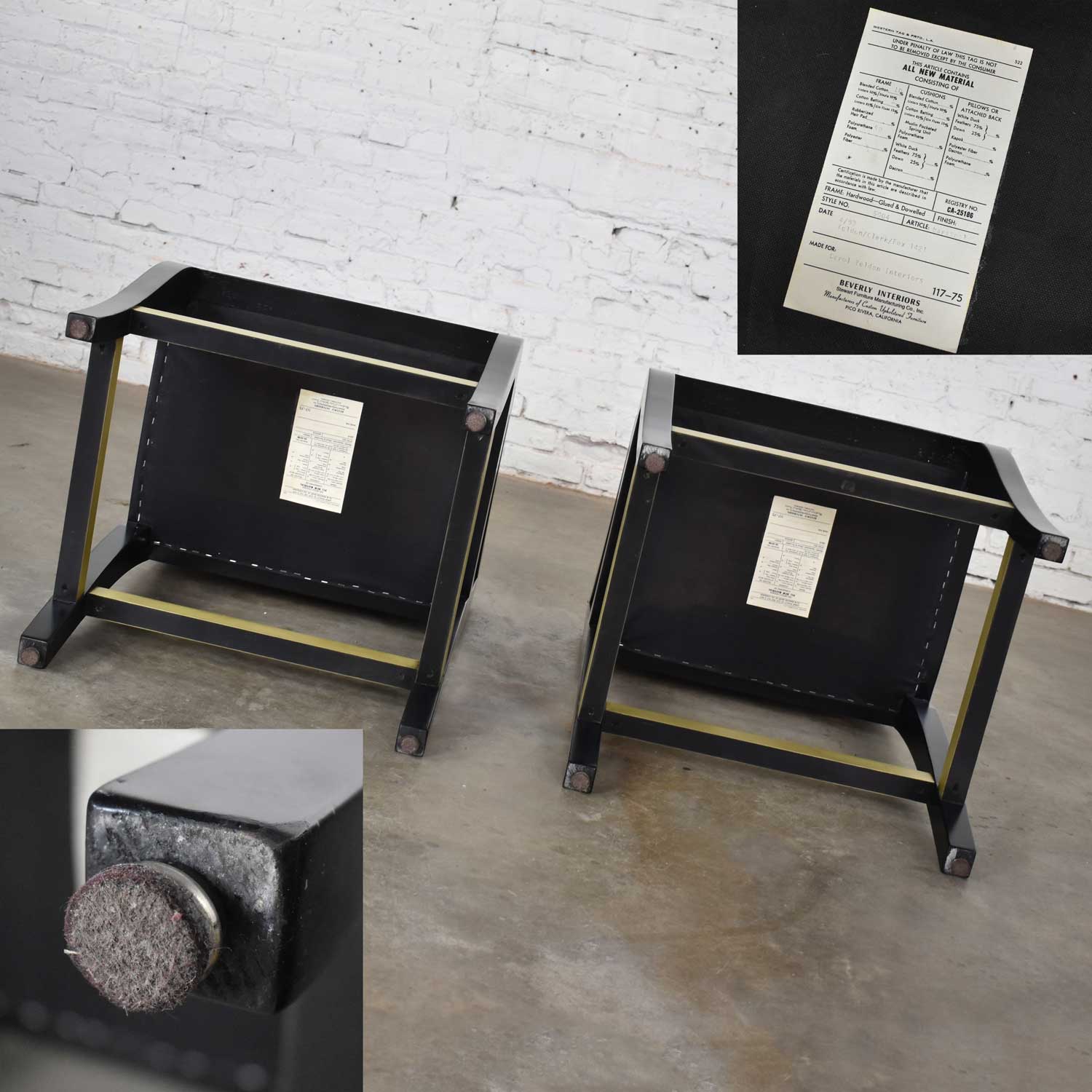 Vintage Modern Black Painted Brass & Upholstered Counter Height Bar Stools, a Pair
