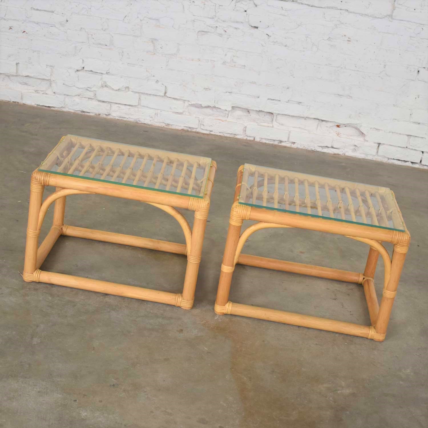 Vintage Modern Pair of Rattan Rectangular Side Tables or End Tables with Glass Top
