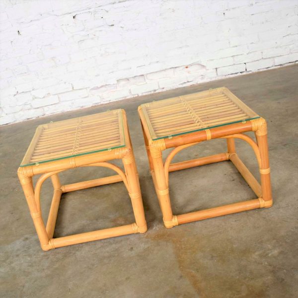 Vintage Modern Pair of Rattan Rectangular Side Tables or End Tables with Glass Top