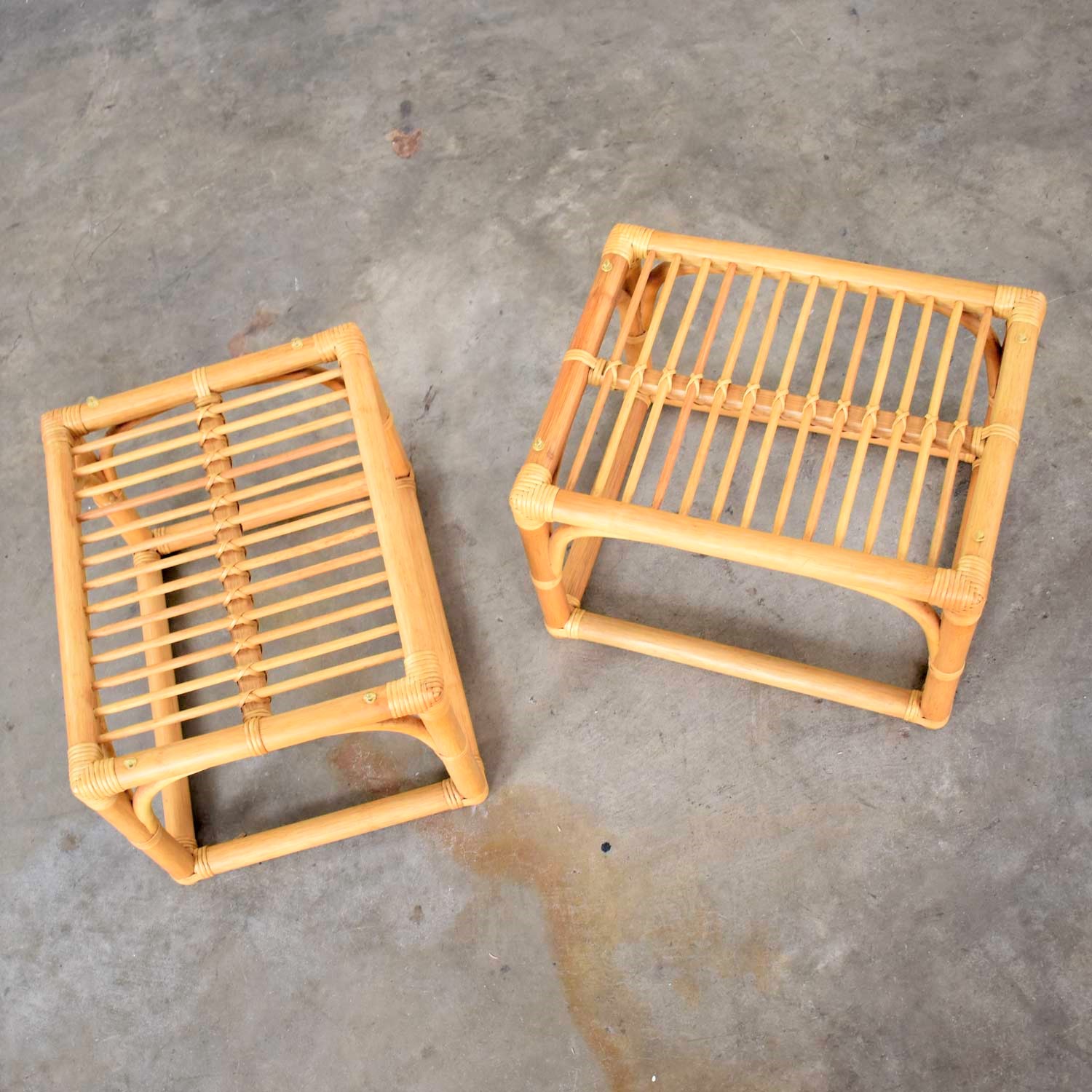 Vintage Modern Pair of Rattan Rectangular Side Tables or End Tables with Glass Top