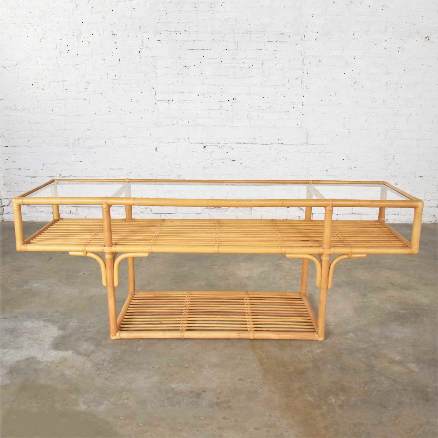 Vintage Modern Three-Tiered Rattan and Glass T-Shaped Console Sofa Table