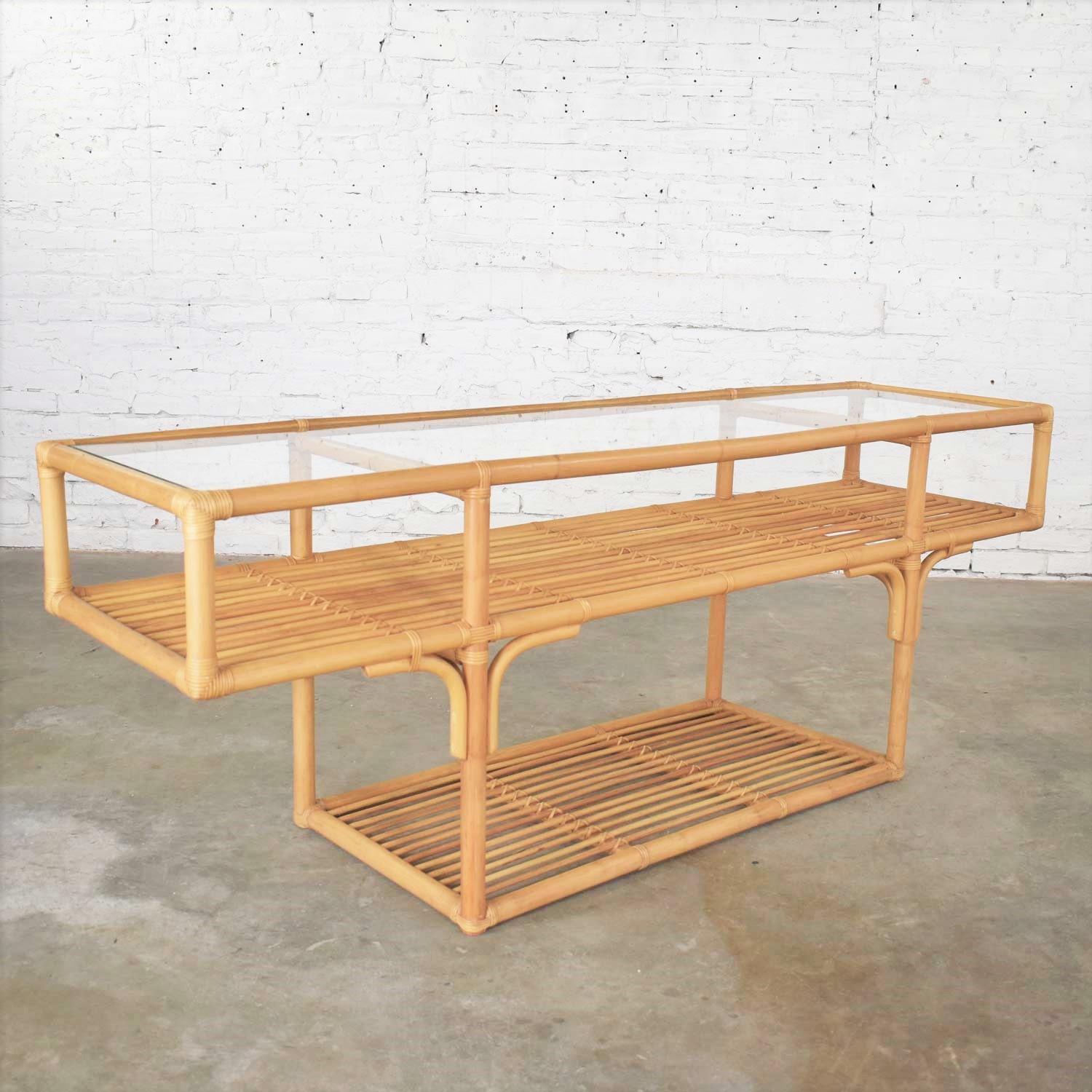 Vintage Modern Three-Tiered Rattan and Glass T-Shaped Console Sofa Table