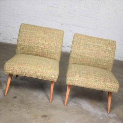 Mid Century Modern Pair of Slipper Chairs in the Style of Jens Risom Overall Chartreuse