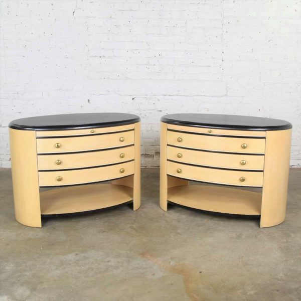 Vintage Modern Pair of Oval Blonde and Black Nightstands or Bedside Cabinets