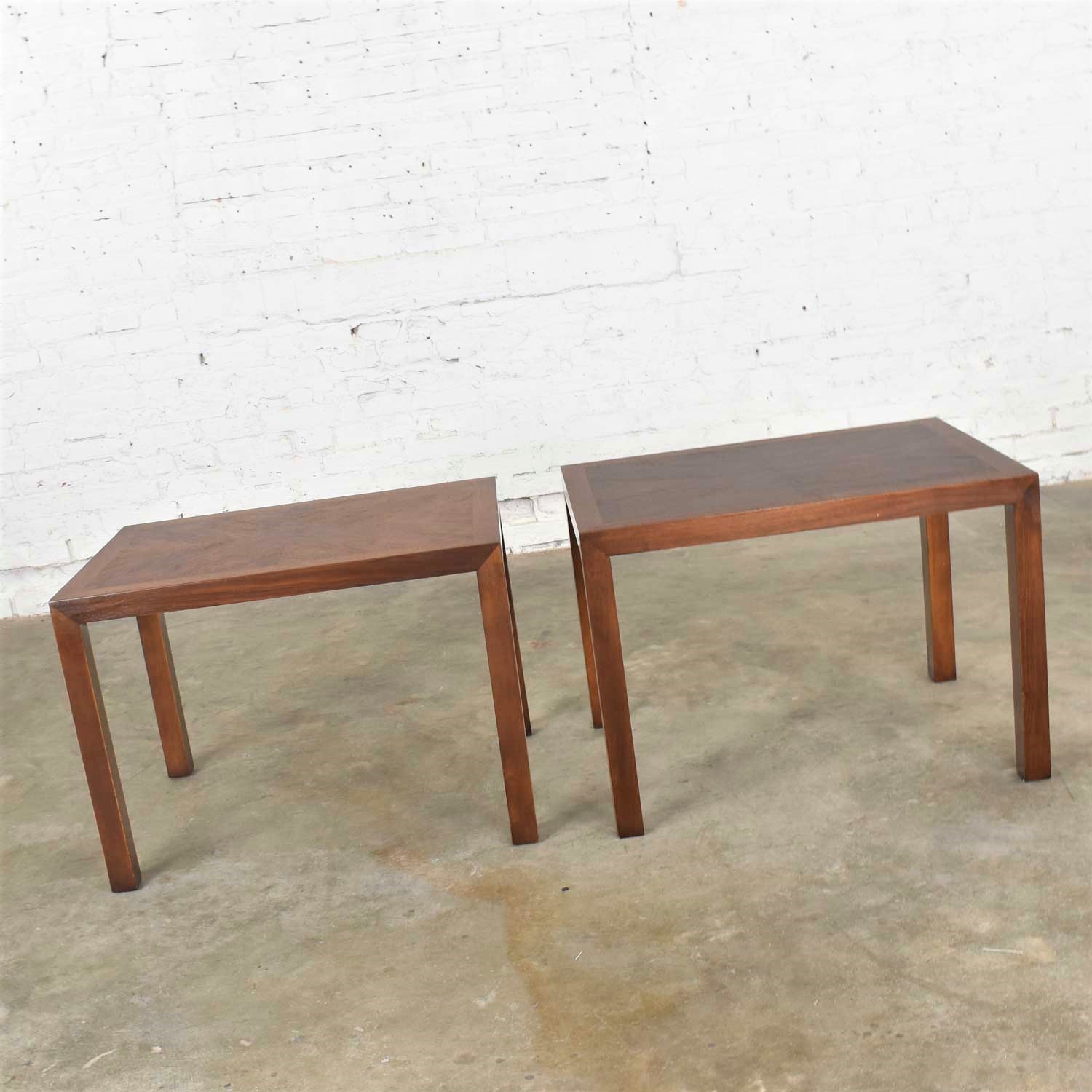 Vintage Modern Lane Parsons Style #1124-5 Walnut End or Side Tables1970 Pair w/ Inlay