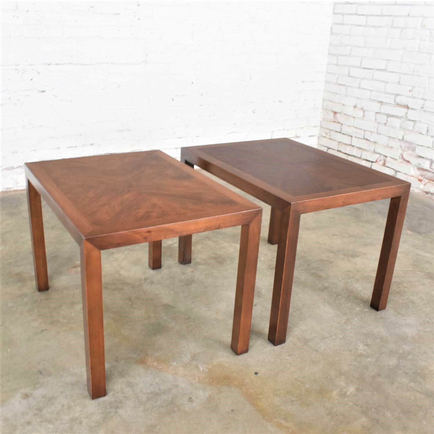 Vintage Modern Lane Parsons Style #1124-5 Walnut End or Side Tables1970 Pair w/ Inlay