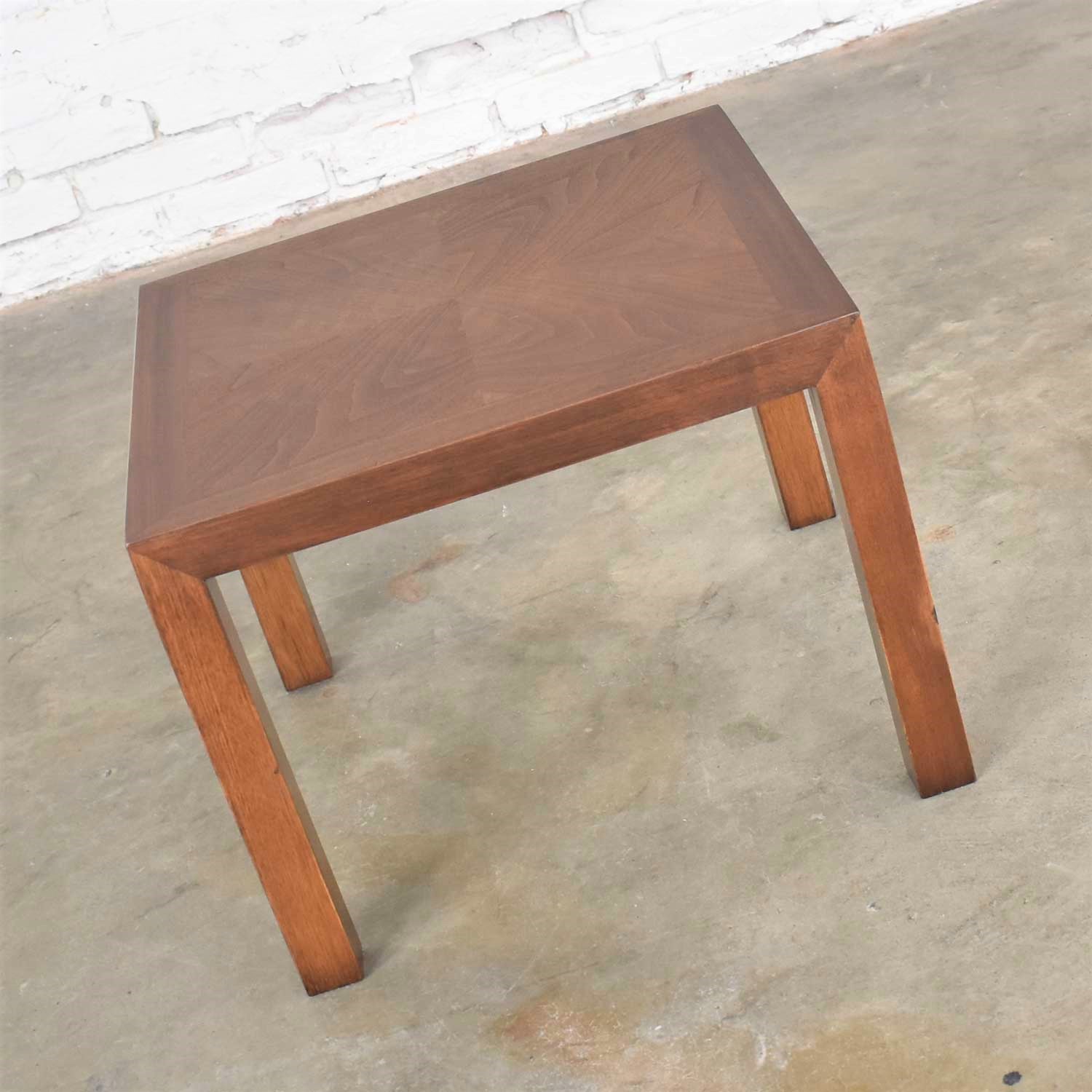Vintage Modern Lane Solid Walnut Square Parsons Side Table w/ Inlay Style #1124-18 1970