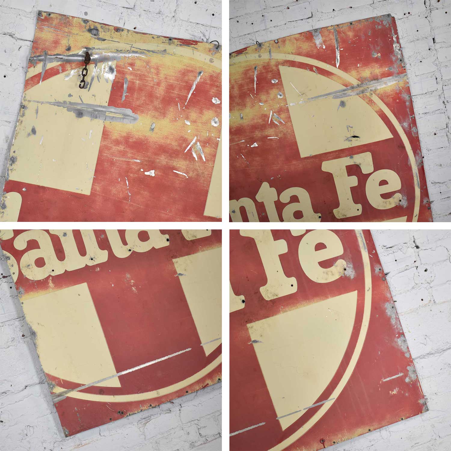 Vintage Primitive Rustic Extra-Large Santa Fe Railroad Red & White Painted Metal Sign