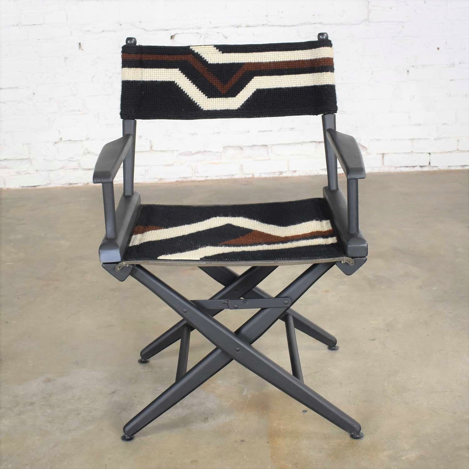 Vintage Needlepoint Director’s Chair Folding Black Brown White Geometric