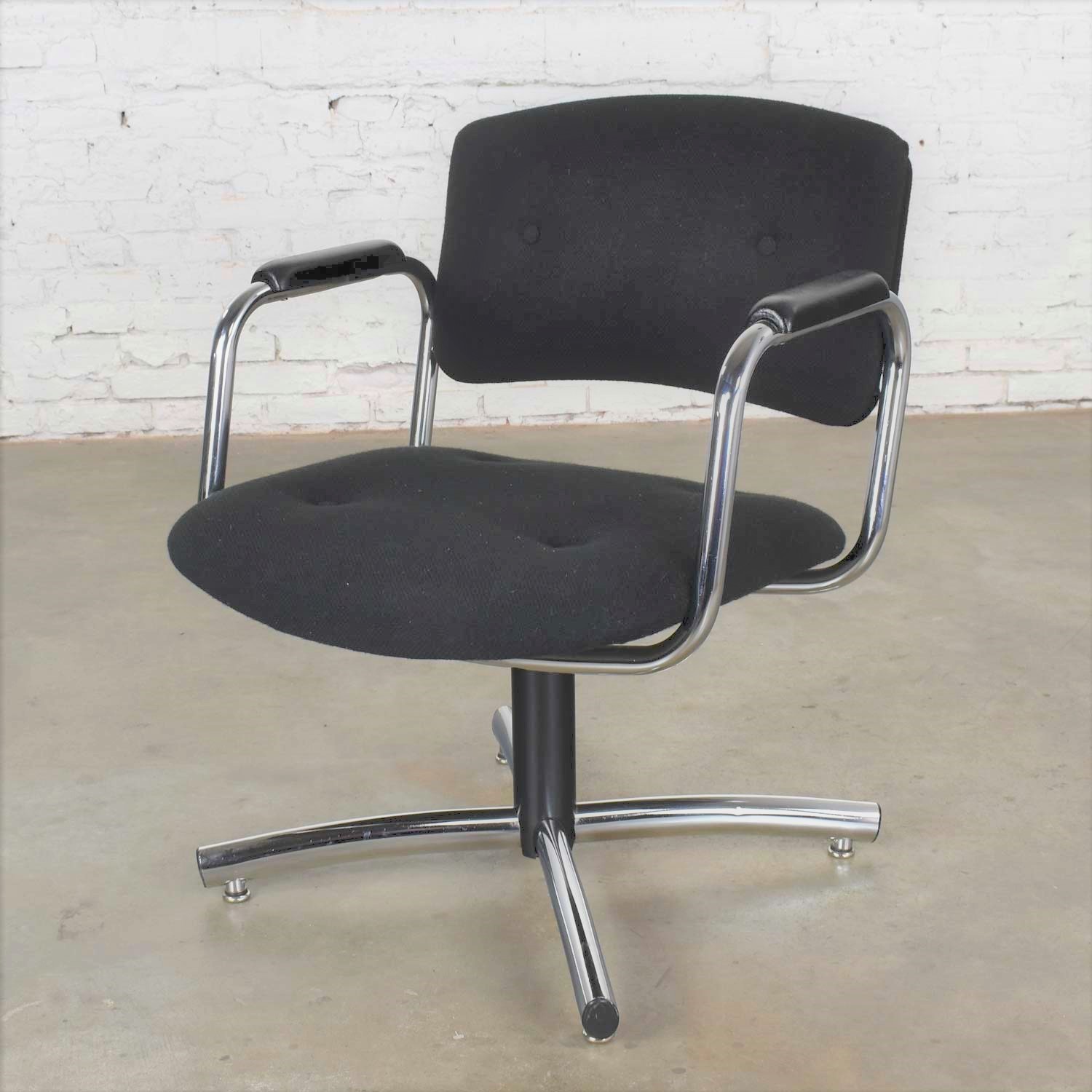 Vintage Modern Chrome & Black Office Armchair 4 Prong Base Style Steelcase 1970