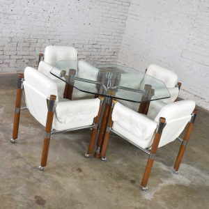 Modern Game Table or Dining Table Glass Chrome Oak with Four White Rolling Chairs