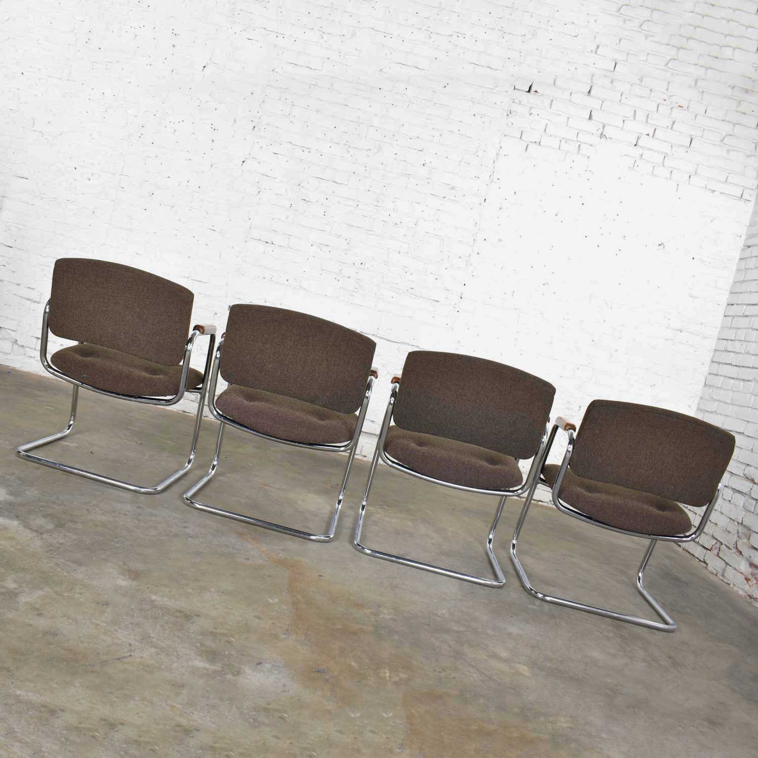 Set 4 Cantilever Armchairs Chrome and Brown w/ Wood Arms Style of Steelcase or Pollack 1970