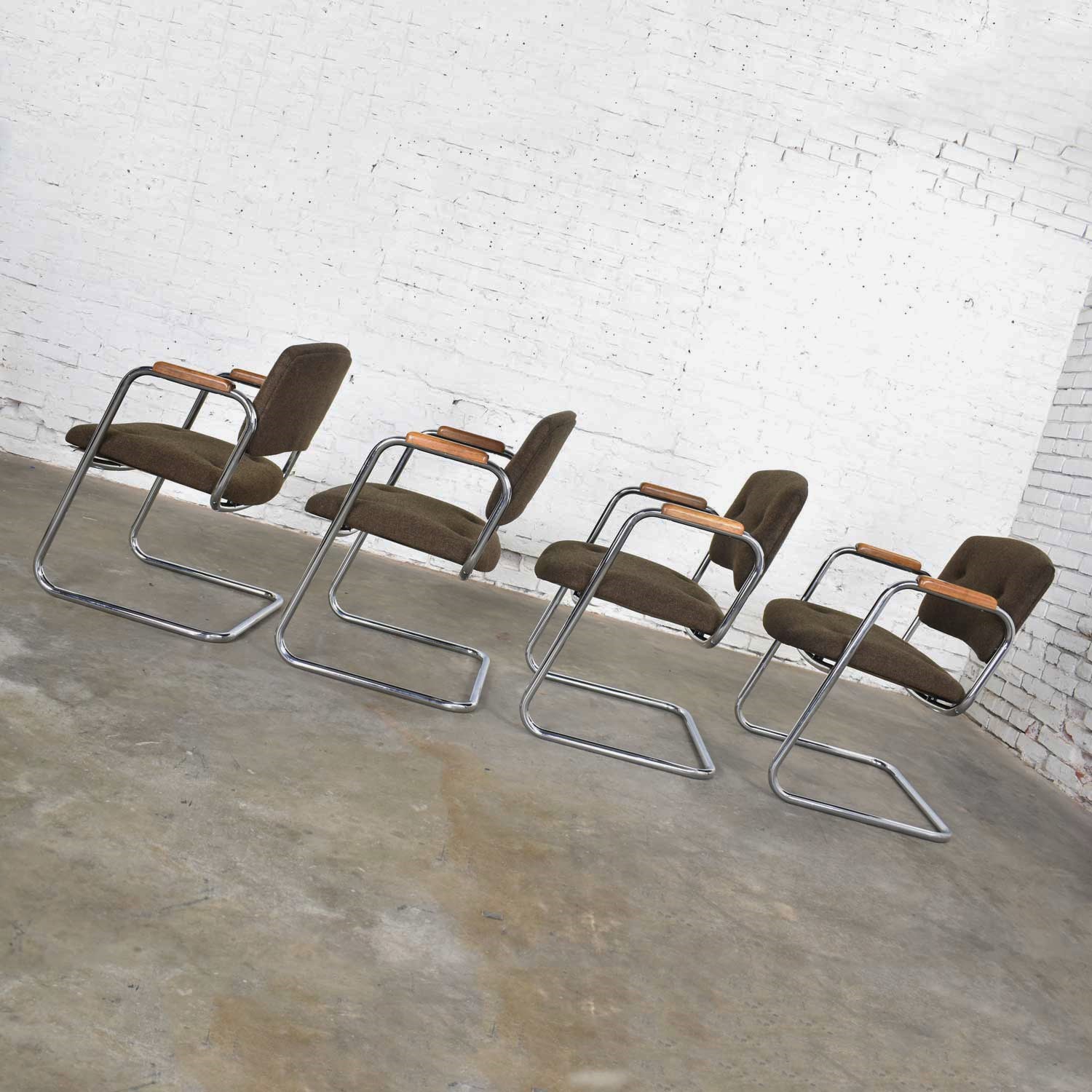 Set 4 Cantilever Armchairs Chrome and Brown w/ Wood Arms Style of Steelcase or Pollack 1970