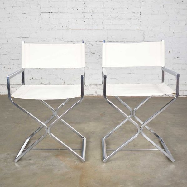 MCM Campaign Style Directors Chairs White & Chrome Attributed Daystrom Style of Milo Baughman