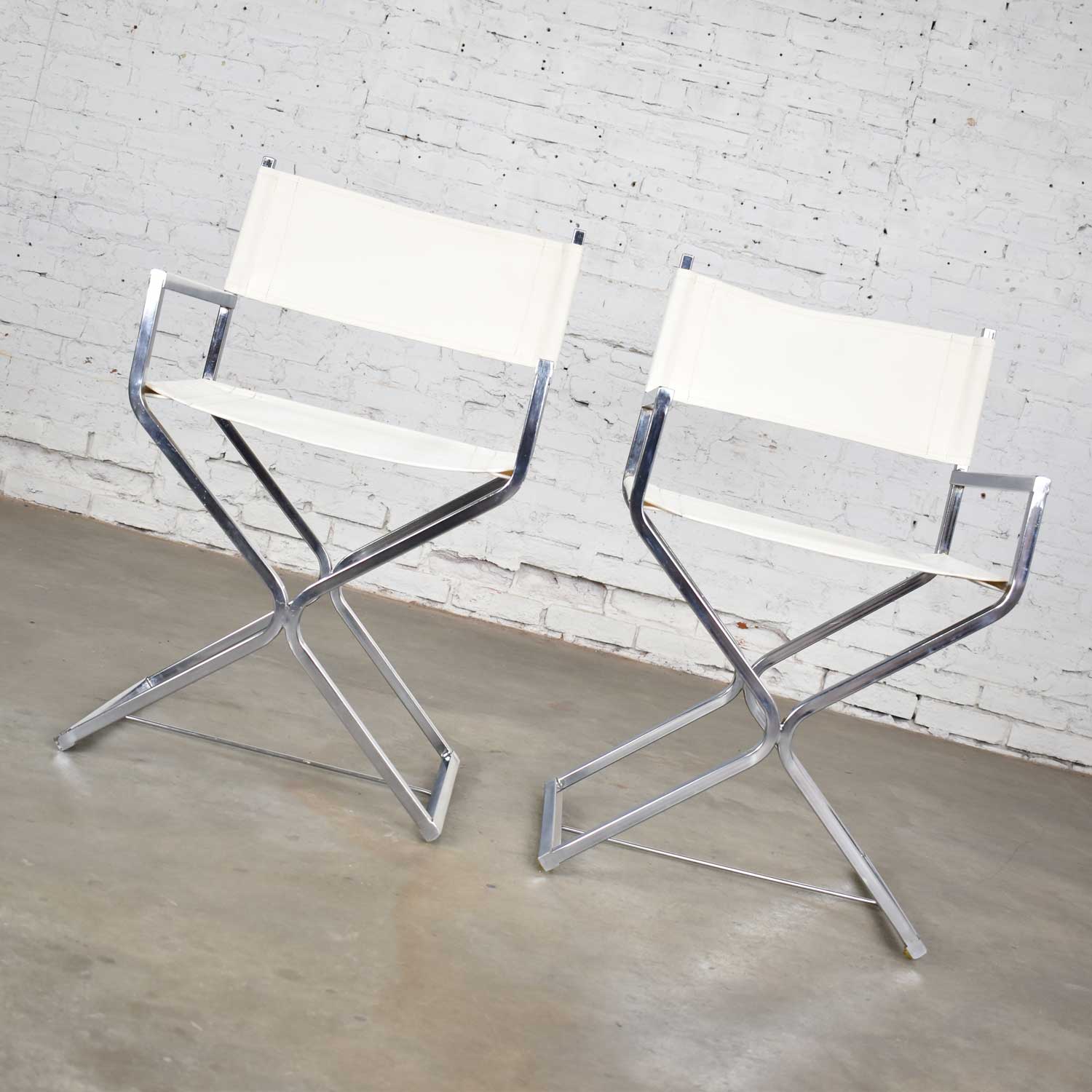 MCM Campaign Style Directors Chairs White & Chrome Attributed Daystrom Style of Milo Baughman