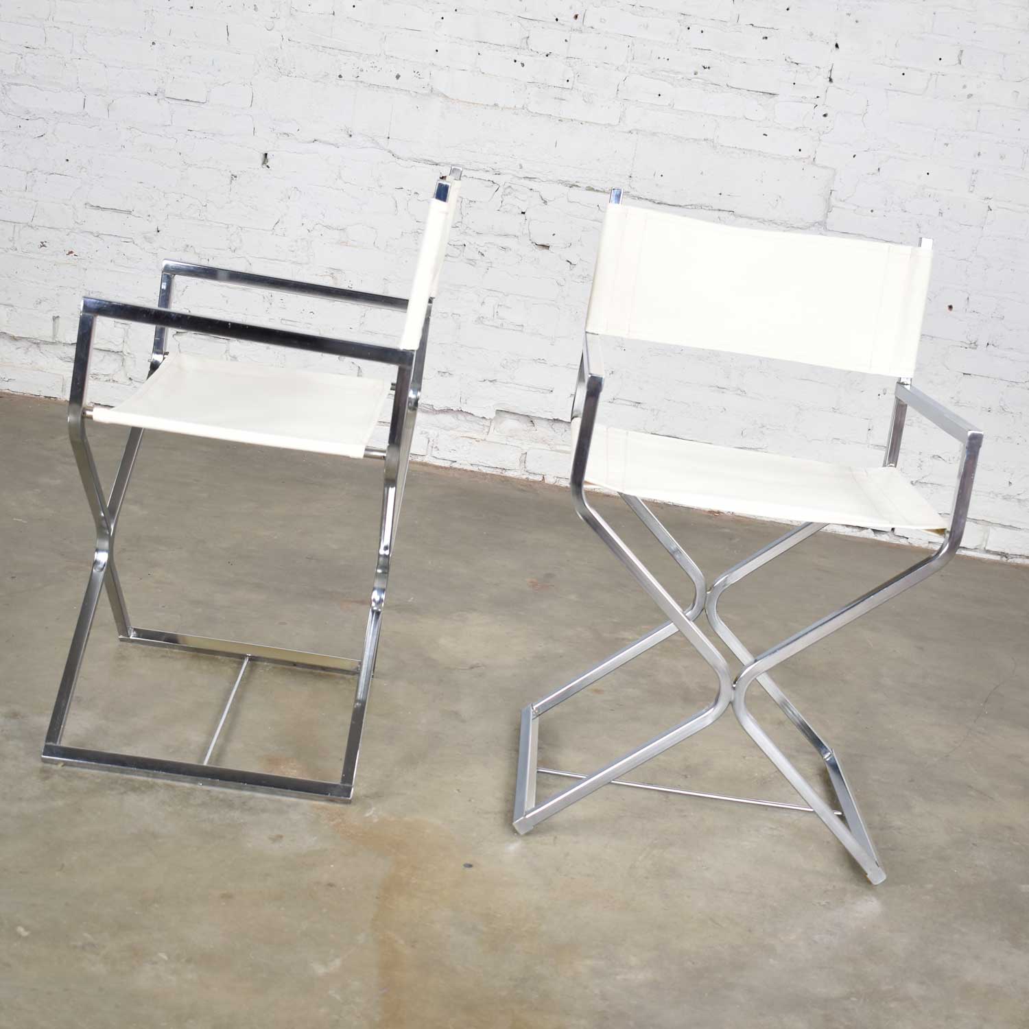 MCM Campaign Style Directors Chairs White & Chrome Attributed Daystrom Style of Milo Baughman