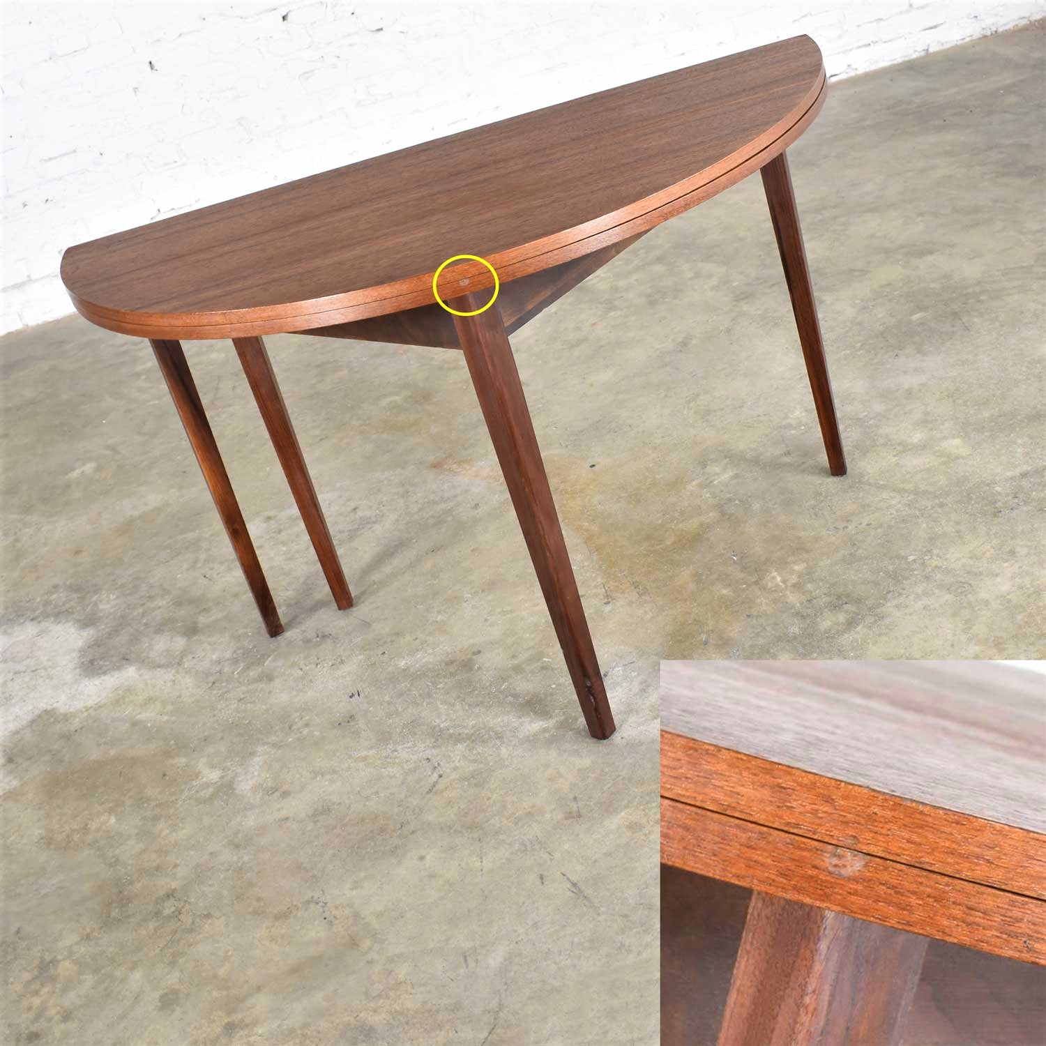 Mid Century Modern Walnut Round Flip Top or Folding Dining Table to Demilune Table 1960