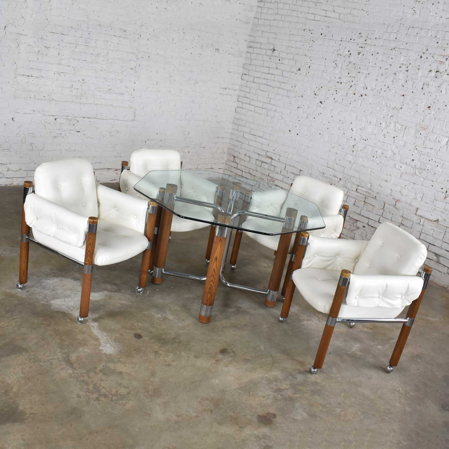 Modern Game Table or Dining Table Glass Chrome Oak with Four White Rolling Chairs