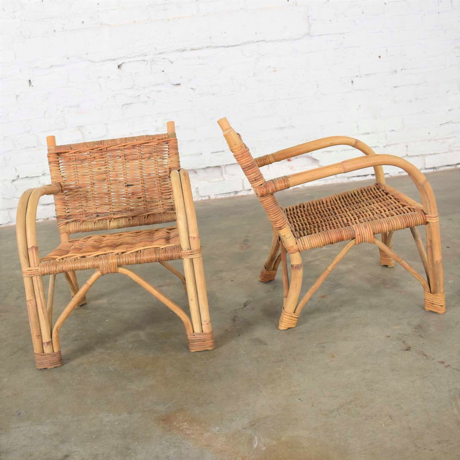 Children’s Rattan & Wicker Chairs with Bent Arms Vintage Pair 1930 – 1960