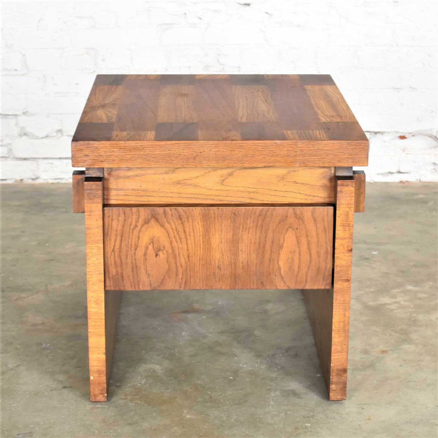 Lane Furniture Modern Brutalist Chunky Oak Parquet Side Table or End Table 1977 Style 1448
