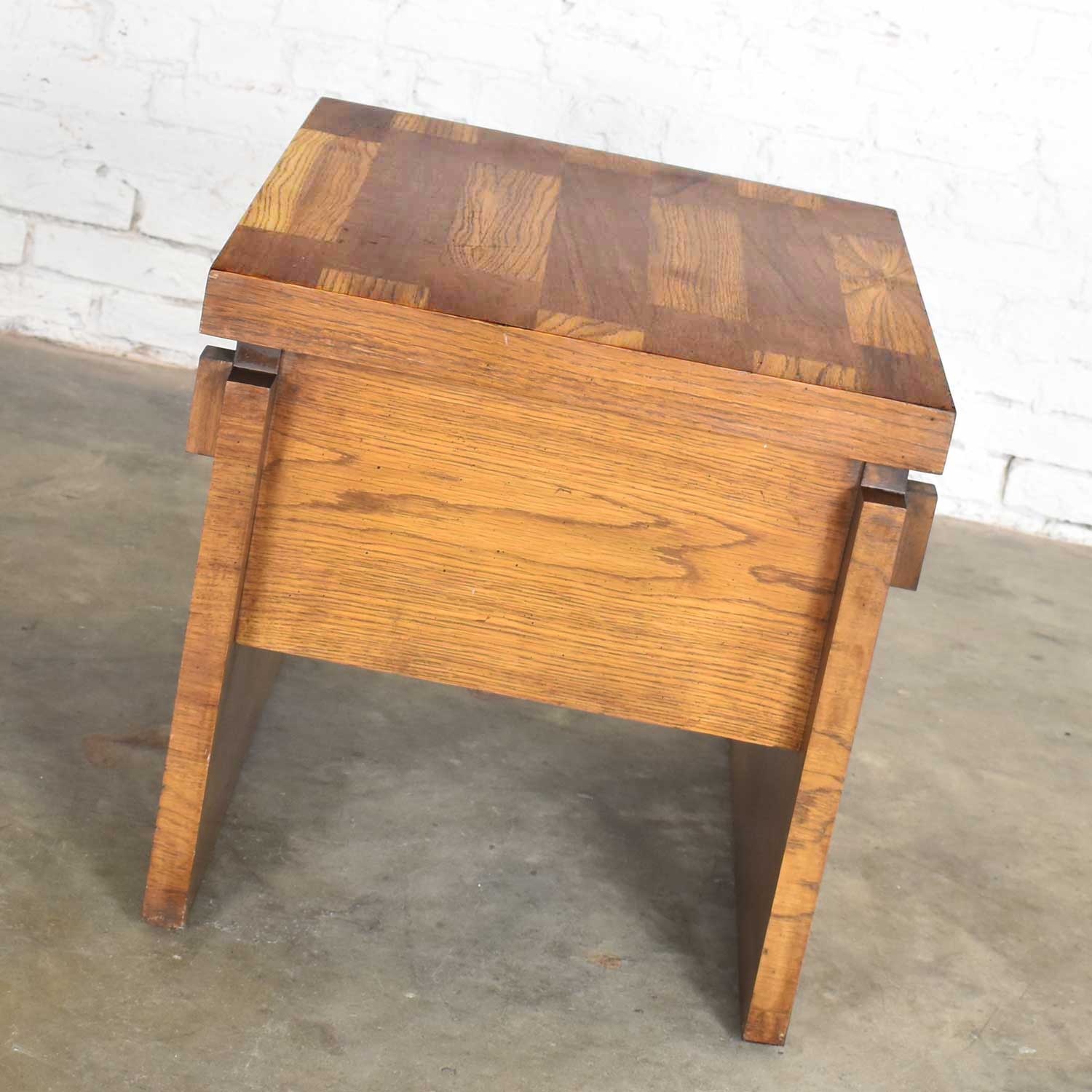 Lane Furniture Modern Brutalist Chunky Oak Parquet Side Table or End Table 1977 Style 1448