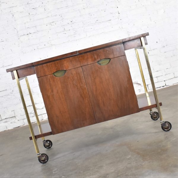 Heritage Vintage Mid Century Modern Walnut & Cane Rolling Bar Cart or Cocktail Cart