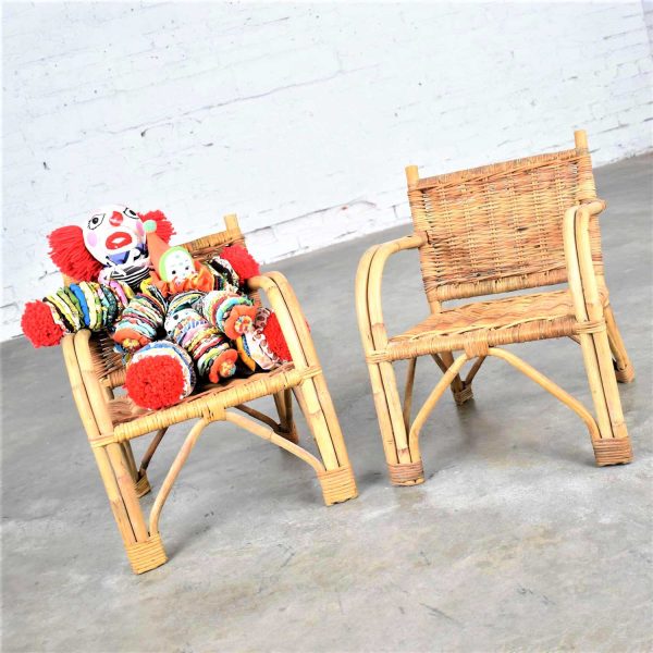 Children’s Rattan & Wicker Chairs with Bent Arms Vintage Pair 1930 – 1960