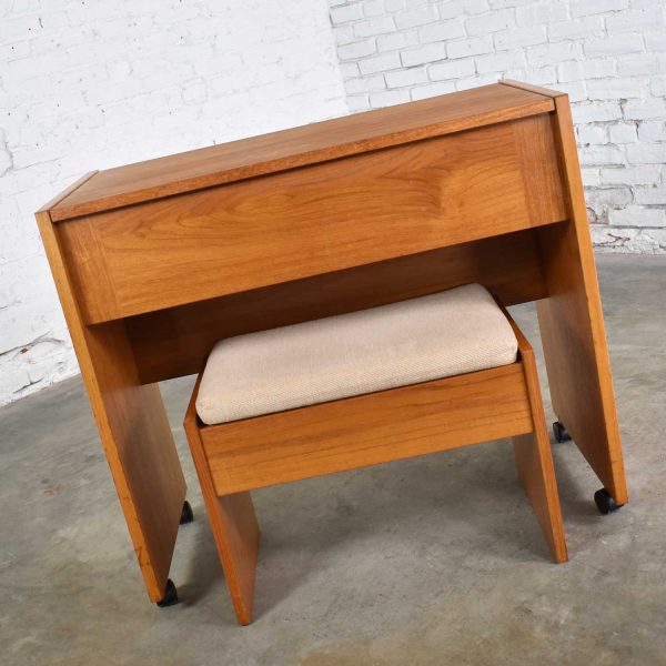 Vintage Scandinavian Modern Teak Flip Open Rolling Make Up Vanity w/ Mirror and Bench