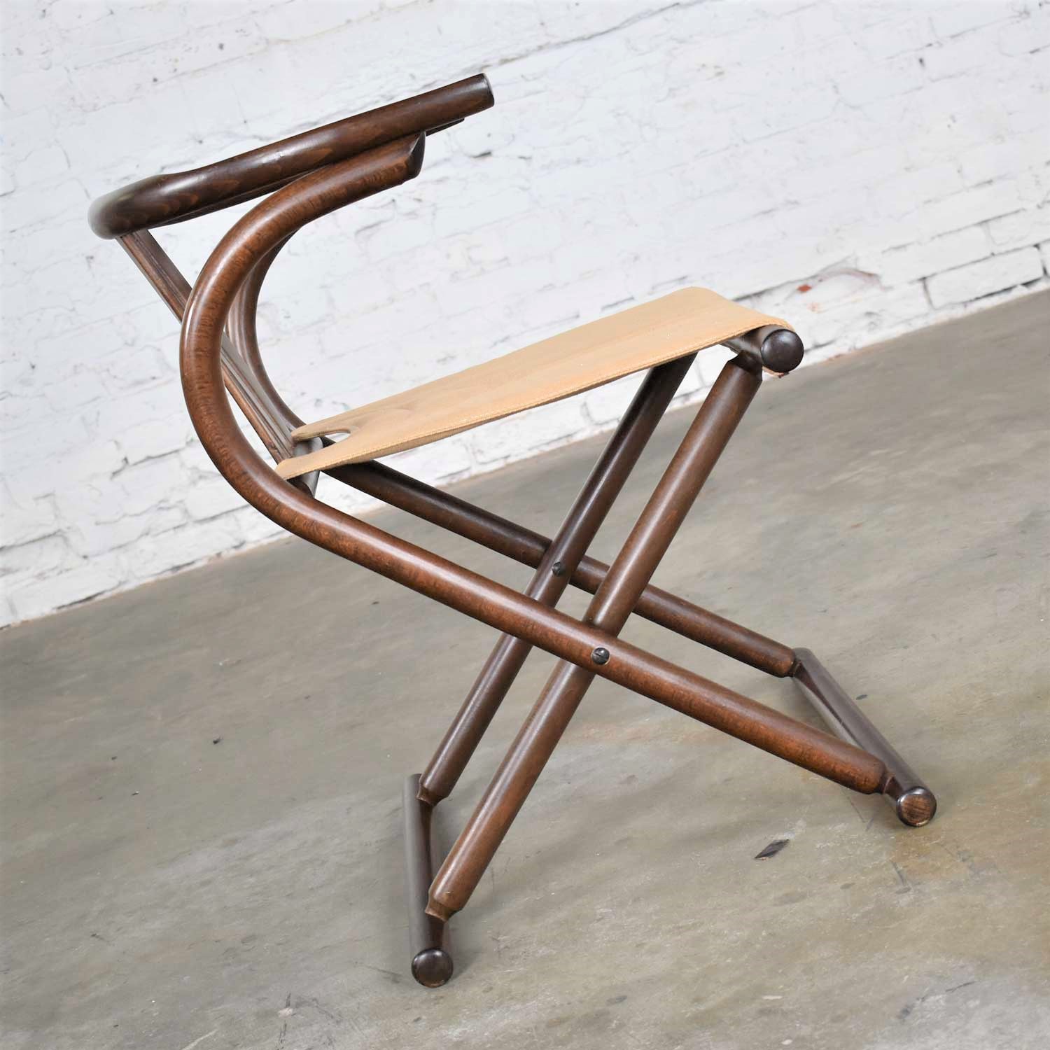 Thonet Style Bentwood Walnut Tone Folding Chair w/ Canvas Sling Seat Made in Romania