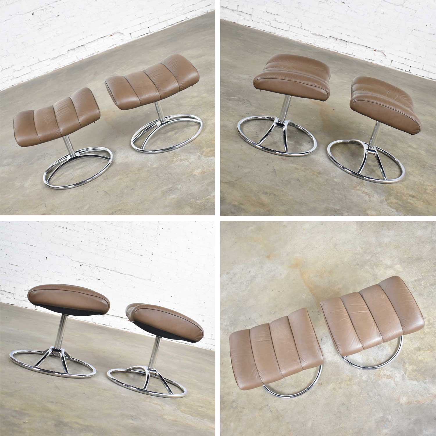 Ekornes Stressless Scandinavian Modern Pair Lounge Chairs & Ottomans Leather Chrome 1971-1994
