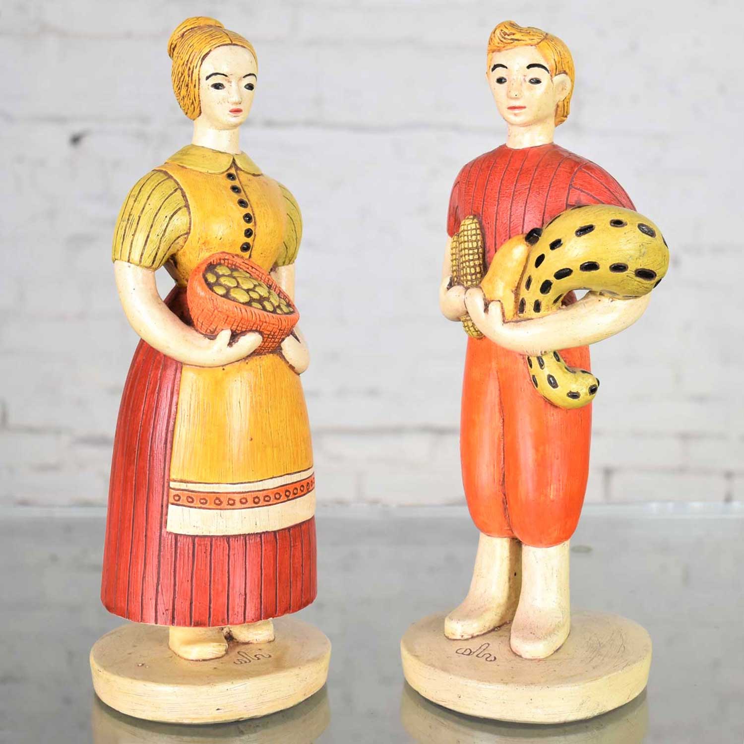 Sylvia Hood Marked Original Vintage Harvest Couple Chalkware Figurines Circa 1960-1965