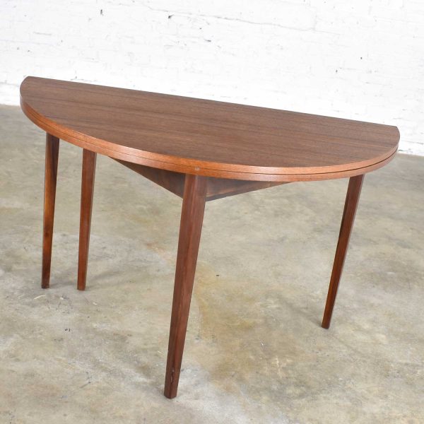 Mid Century Modern Walnut Round Flip Top or Folding Dining Table to Demilune Table 1960